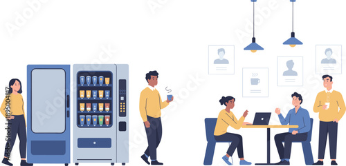 Modern office break room illustration with employees using vending machines and coworkers collaborating at cafeteria table over coffee snacks teamwork