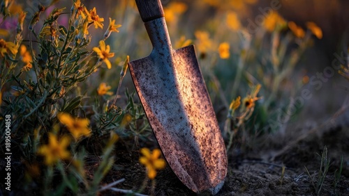 Rusty shovel stuck in soil among yellow wildflowers at sunset. Concept Rusty shovel, Yellow wildflowers, Sunset lighting, Soil texture, Rural scene © Anastasiia