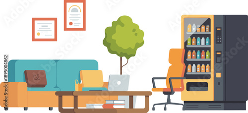 Modern office break room illustration with sofa coffee table laptop chair vending machine cozy workspace interior vector design flat style