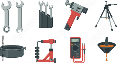 Mechanical tools vector illustration set featuring wrenches drill jack tripod multimeter funnel and workshop equipment isolated white background