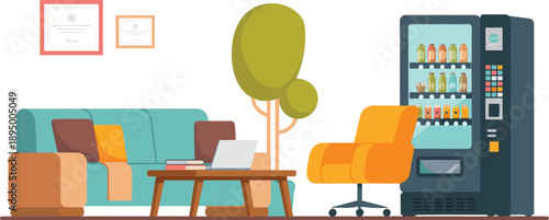 Modern office lounge interior illustration with sofa armchair coffee table vending machine plants workspace vector design for corporate break room