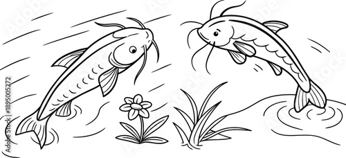 Two Leaping Fish in a Pond Line Art