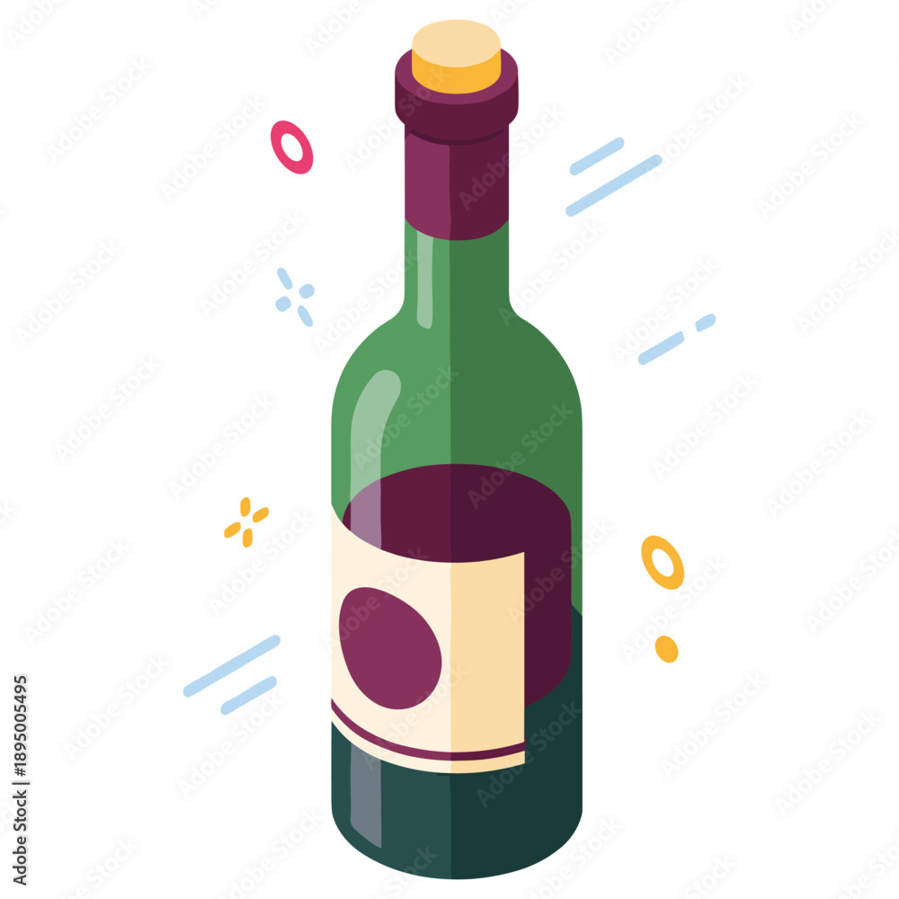 Naklejka premium Isometric green wine bottle with red cork on white background