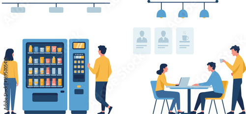 Office break room illustration with employees using vending machine and coworkers meeting at cafeteria table for coffee discussion teamwork concept