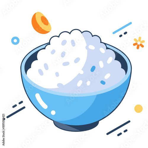 Minimalist cartoon bowl of white rice in blue bowl with decorative elements