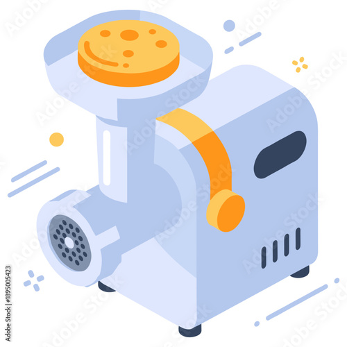 Electric meat grinder with cutting blade and handle - illustrated kitchen appliance