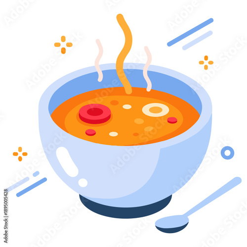 Vector illustration of a steaming bowl of soup with spoon on white background