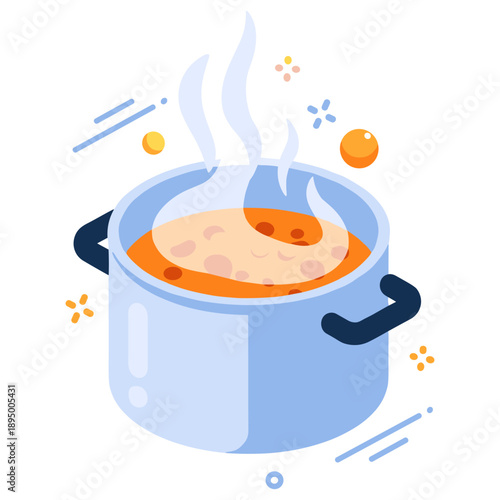 Steaming pot of soup with bubbles and spices in blue cookware