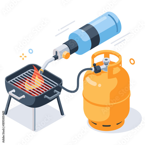 Isometric illustration of portable gas grill with propane tank and flaming grid