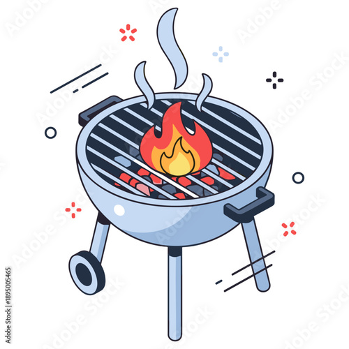 Cartoon charcoal grill with burning flame and smoke illustration