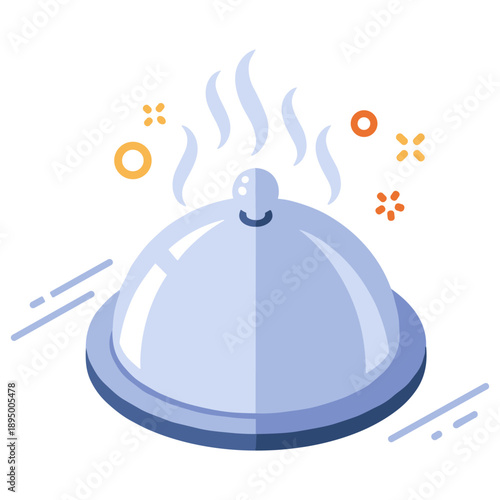 Appetizing meal under silver cloche with stylized steam illustration