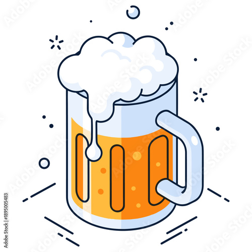 Foamy beer mug with bubbles and sparkles on white background