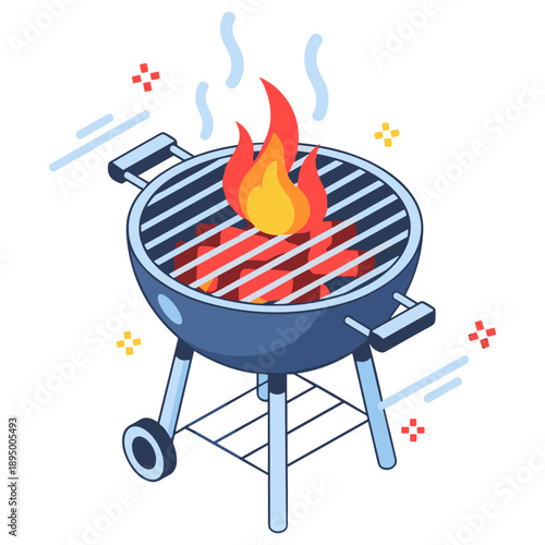 Grill with flames and smoke - outdoor bbq cooking illustration