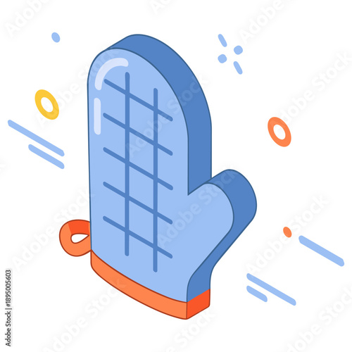 Isometric blue oven mitt with red trim and decorative elements