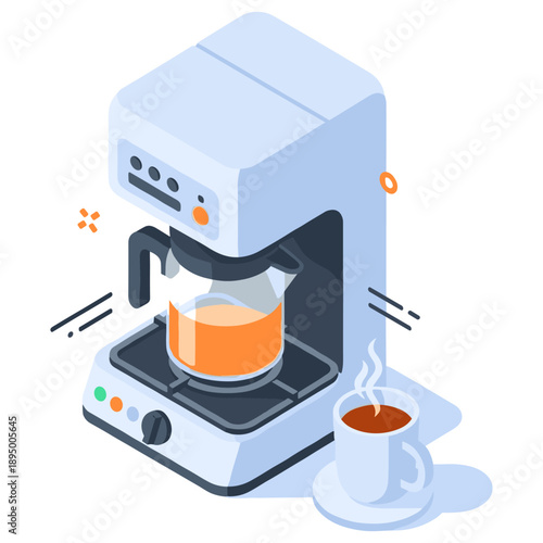 Modern electric coffee maker with glass carafe and hot coffee cup