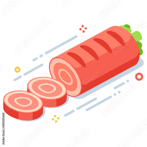 Isometric sliced salami with garnish on white background
