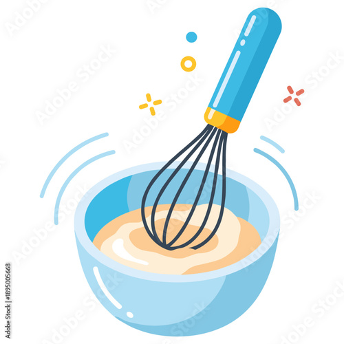 Cartoon illustration of whisk mixing batter in blue bowl