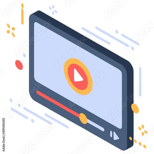 Isometric video player icon with play button in minimalist style