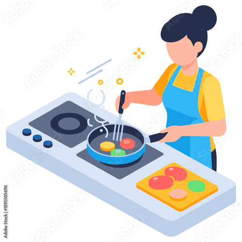 Asian female chef cooking on modern stove with colorful ingredients in kitchen