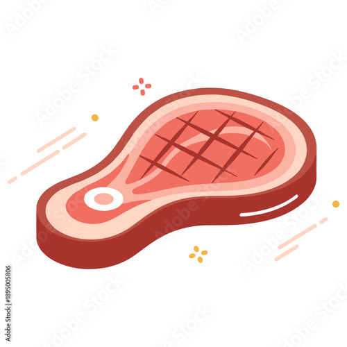 Isometric cartoon steak illustration with decorative elements