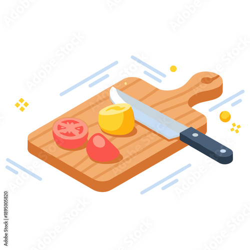 Kitchen cutting board with knife and fresh tomato and onion slices