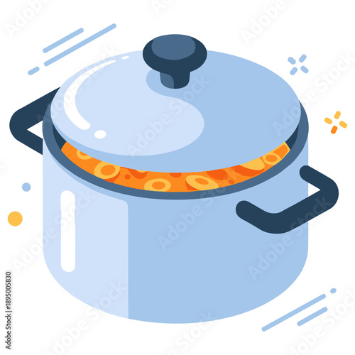 Blue cooking pot with handles and steaming soup on white background