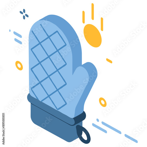 Isometric blue oven mitt with geometric patterns and decorative elements