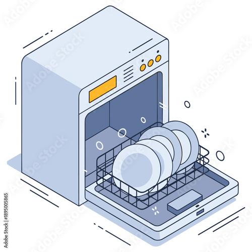 Modern dishwasher with open door and loaded dishes in minimalist style