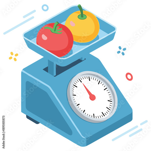 Analog kitchen scale with red and yellow tomatoes on blue base