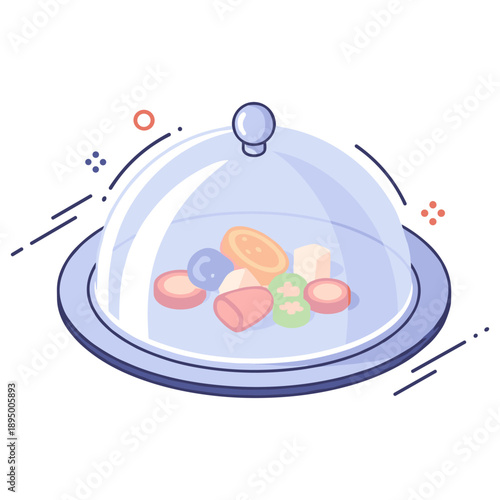Cartoon food platter with assorted snacks under glass dome