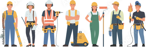 Skilled construction workers characters set wearing safety equipment holding tools flat vector illustration for building renovation maintenance industry projects