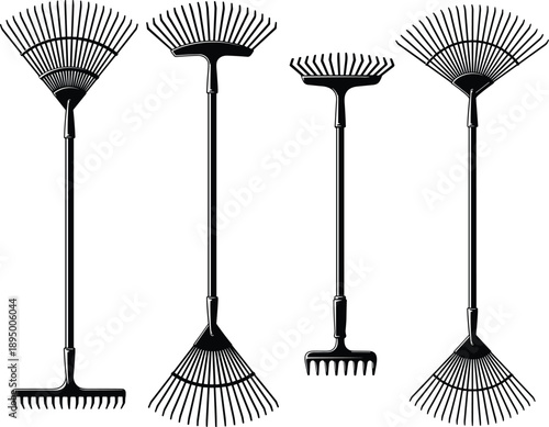 Black and white vector illustration of professional garden rakes for landscaping, leaf cleanup, soil cultivation, and seasonal yard work isolated on white background
