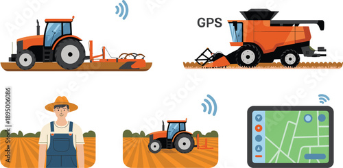 Smart agriculture isometric vector illustration showing GPS guided tractor combine harvester farmer digital map precision farming technology concept