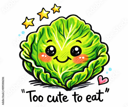 Cute cabbage leaf character with a shy smile and eyes, funny marker illustration with a quote Too cute to eat, adorable vegetable cartoon isolated on white background