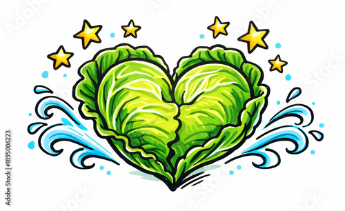 Cabbage leaves shapes illustration in marker style, heart star and wave forms, cute organic vegetable design, creative healthy food concept isolated on white background
