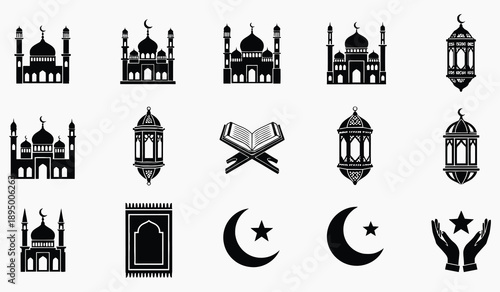 Islamic Symbols: A collection of elegantly designed illustrations of mosques, lanterns, the Quran, and crescent moons, representing the beauty and faith of Islam.