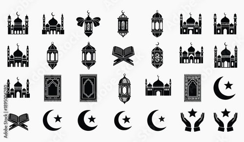 Islamic Symbol Collection: A curated ensemble of Islamic symbols, presented in a minimalist, monochrome aesthetic. This collection includes intricate mosque silhouettes, ornamental lanterns.