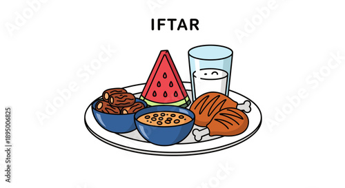 A traditional iftar meal featuring watermelon, dates, and other dishes on a plate, served with a refreshing drink