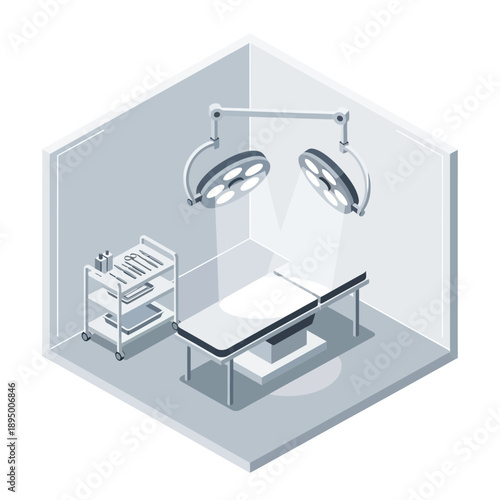 Isometric Operating Room with Medical Equipment and Surgical Lights.