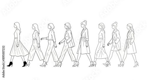 Diverse group of women walking in a line illustration.