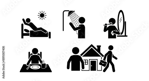 Daily Routine Icons Showing Morning Activities And Work.