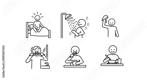 Daily Routine Icons Showing Morning Activities.