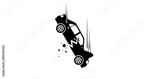 Damaged car falling from height with broken windshield.