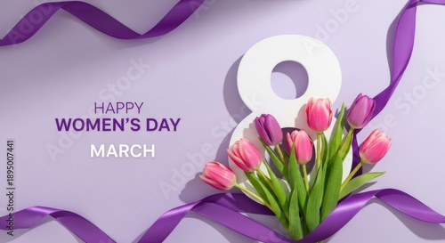 Happy women's day march 8th celebration with pink tulips and purple ribbons