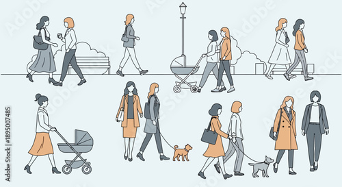 Diverse group of people walking and interacting outdoors.