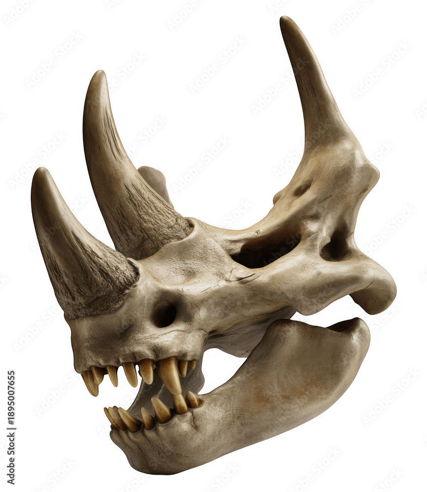 Fototapeta premium Triceratops dinosaur skull with horns on black triceratops skull isolated on a transparent background