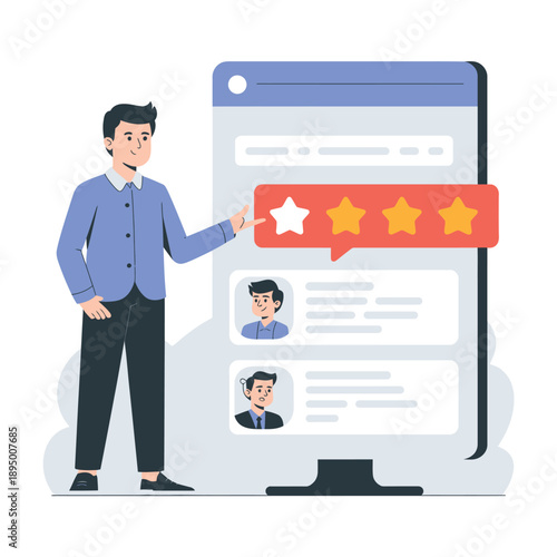 Cartoon man pointing at rating star on large computer screen with user profiles