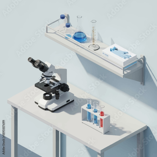 Microscope and laboratory equipment on a table.