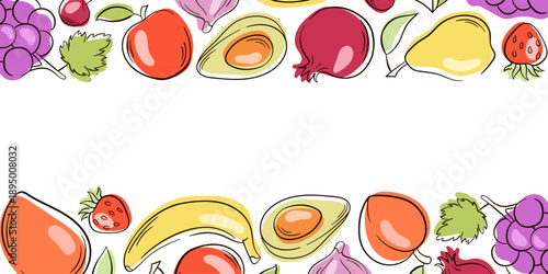 Fruit border with banana, avocado, grapes, strawberry, peach and pear in flat style. Colorful illustration on white background for food packaging, menu, banner, flyer and healthy design.