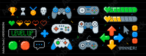 Vector set of pixel art arcade ui buttons, joystick, arrows, life bar with hearts in 8bit retro style. Video game console, interface menu icons. Pixelated typing bubble, winner trophy cups, gamepads